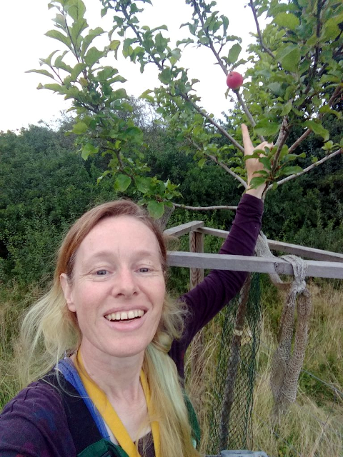 Eine Frau zeigt auf den einzigen Apfel eines jungen Baumes